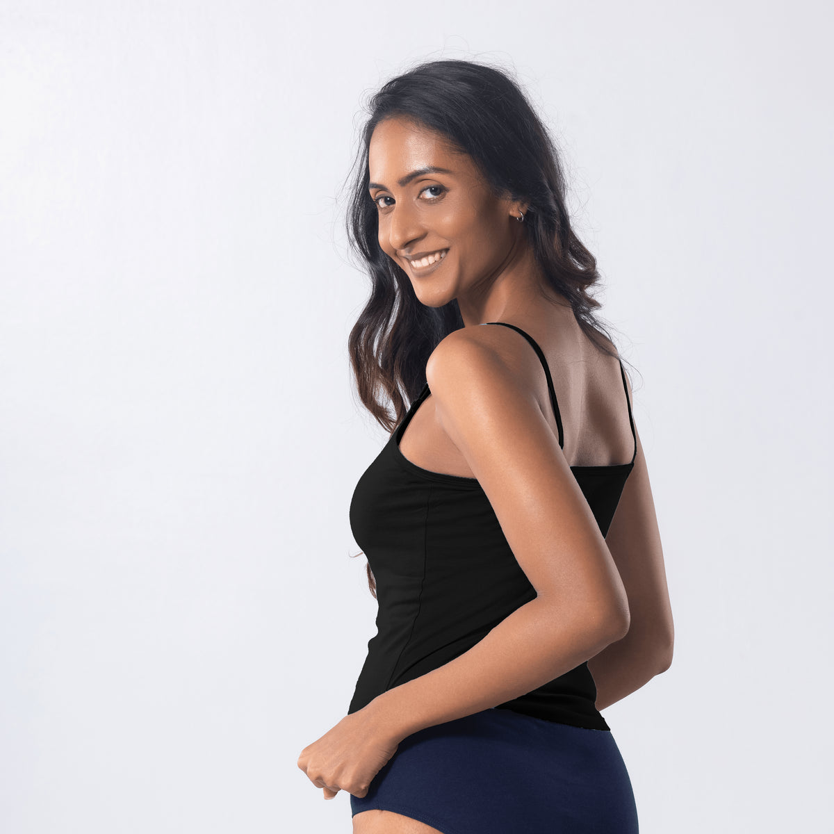 LadyO Camila Adjustable Slip in black color with adjustable straps, three-quarter view.