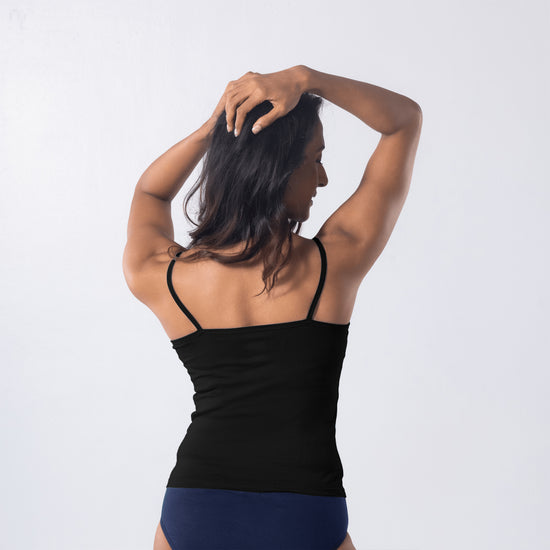 LadyO Camila Adjustable Slip in black color with adjustable straps, back view.