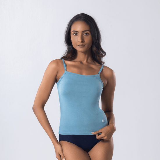 LadyO Camila Adjustable Slip in LT.Blue color with adjustable straps, front view.