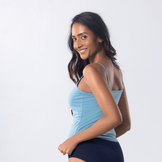 LadyO Camila Adjustable Slip in LT.Blue color with adjustable straps, three-quarter view.