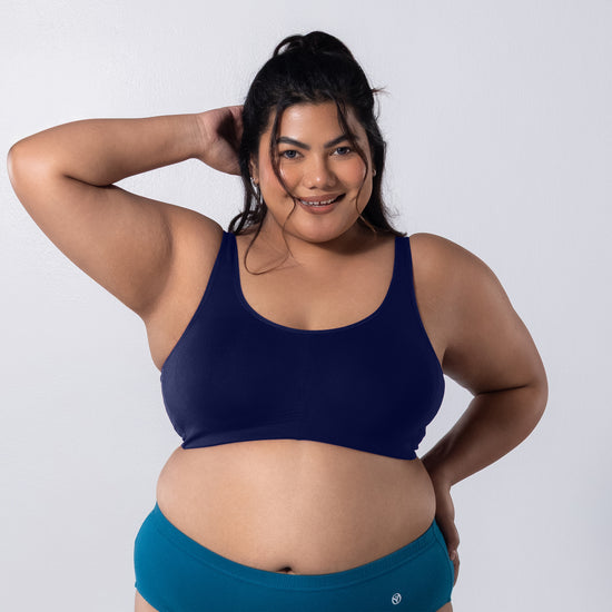 LadyO Jasmine Everyday Bra in Navy, front view worn by model.