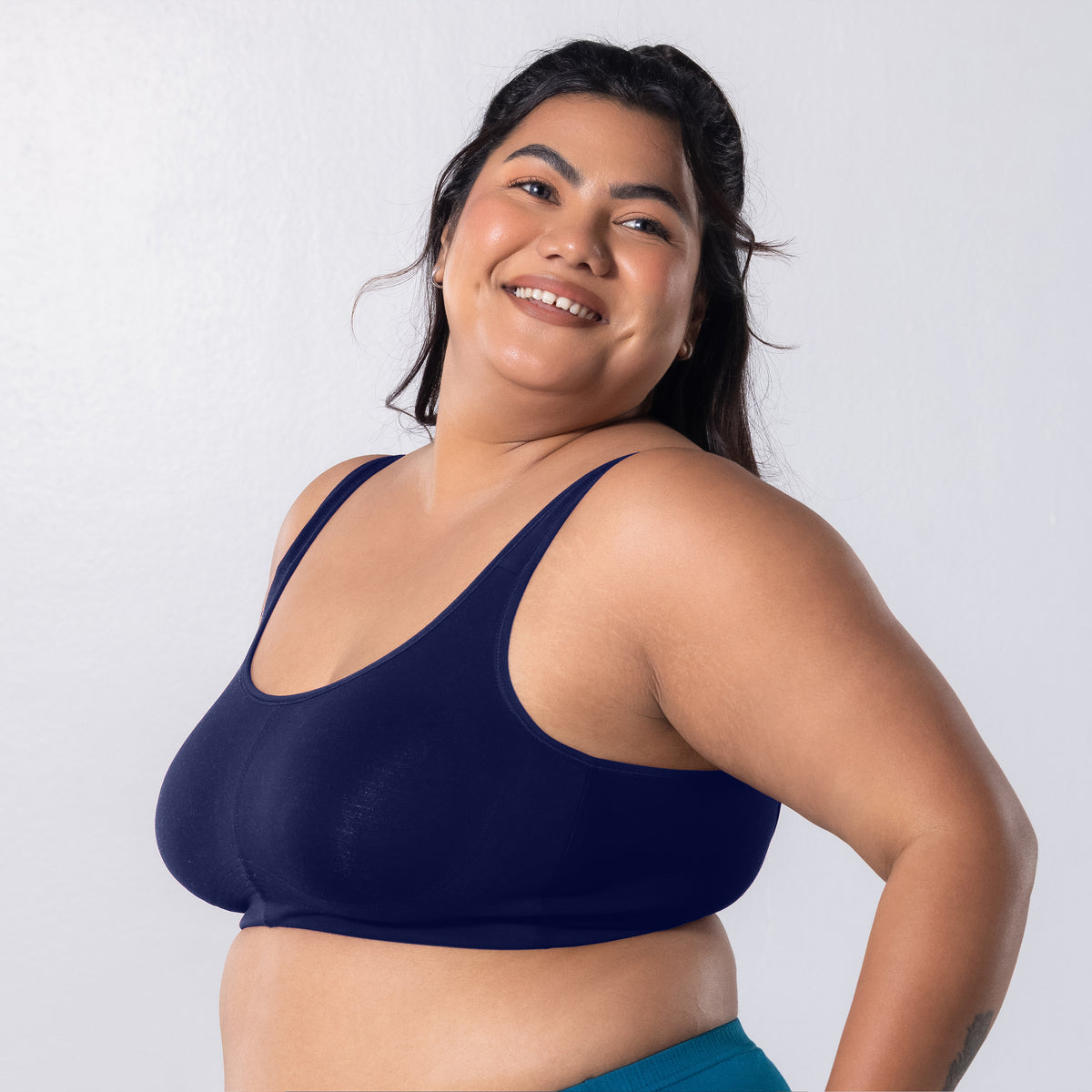 LadyO Jasmine Everyday Bra in Navy, side view worn by model.