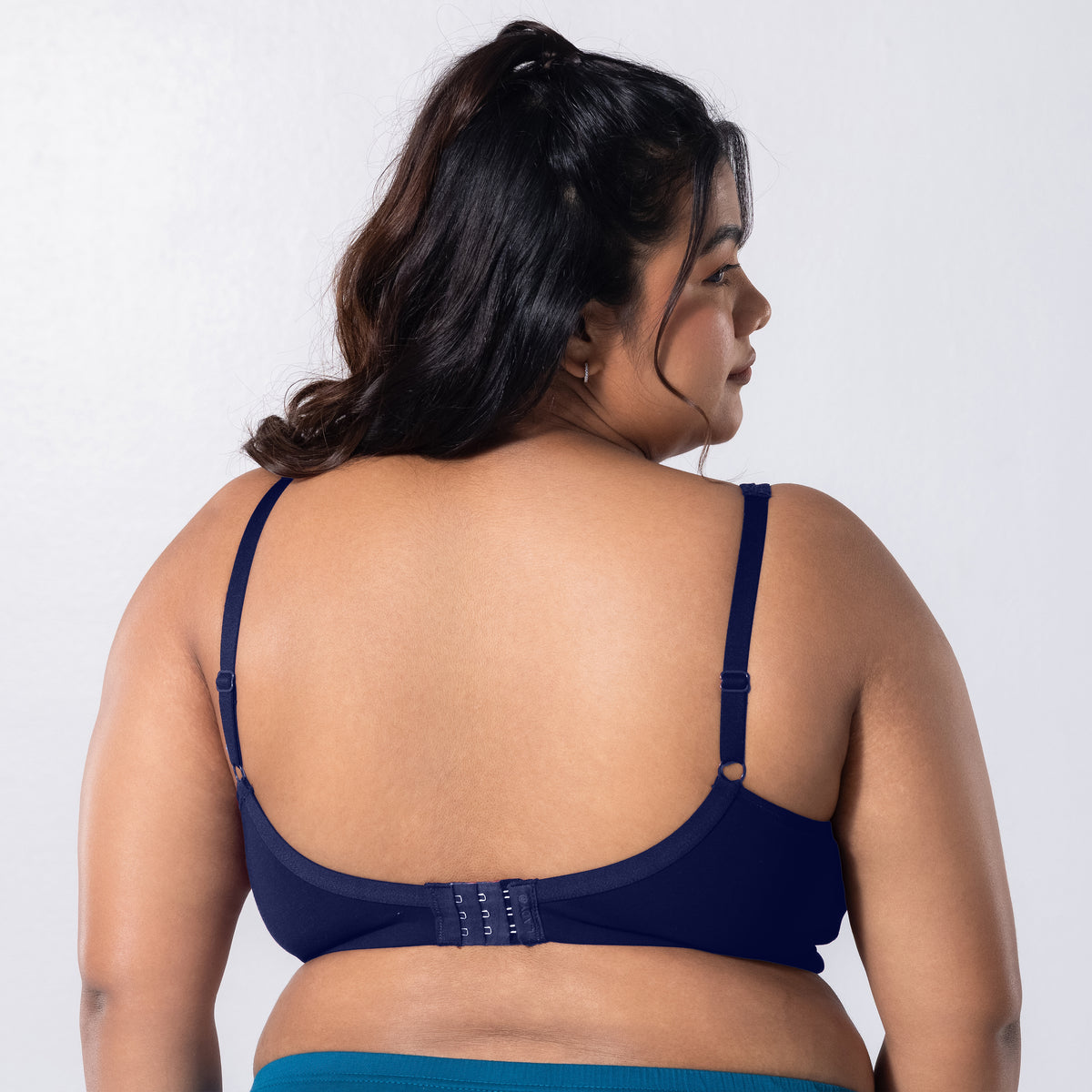 LadyO Jasmine Everyday Bra in Navy, back view worn by model.