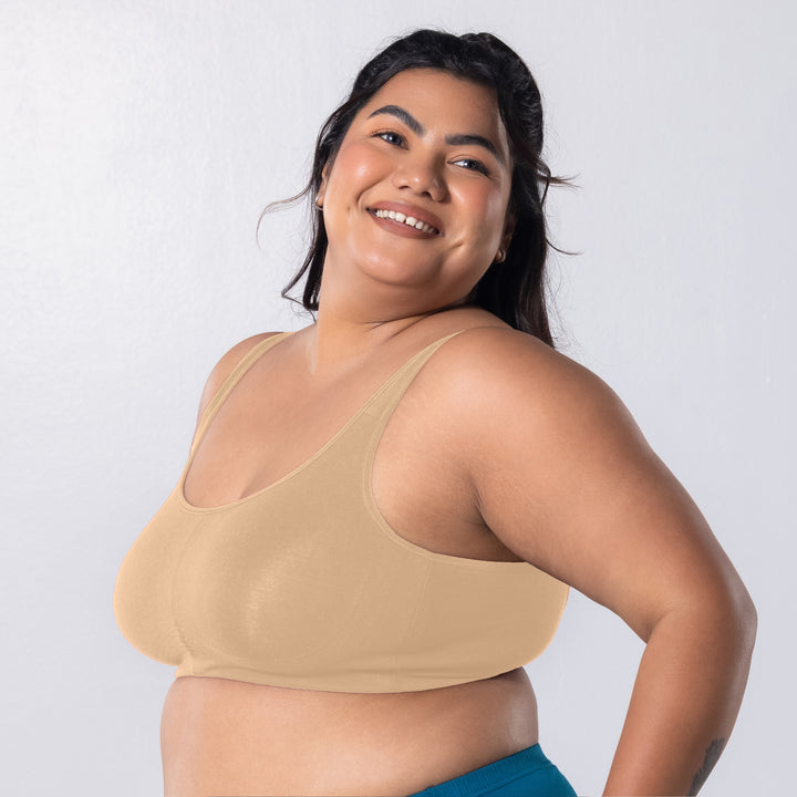 LadyO Jasmine Everyday Bra in Skin, side view worn by model.