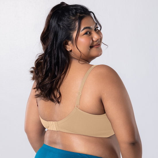LadyO Jasmine Everyday Bra in Skin, three-quarter back view worn by model.