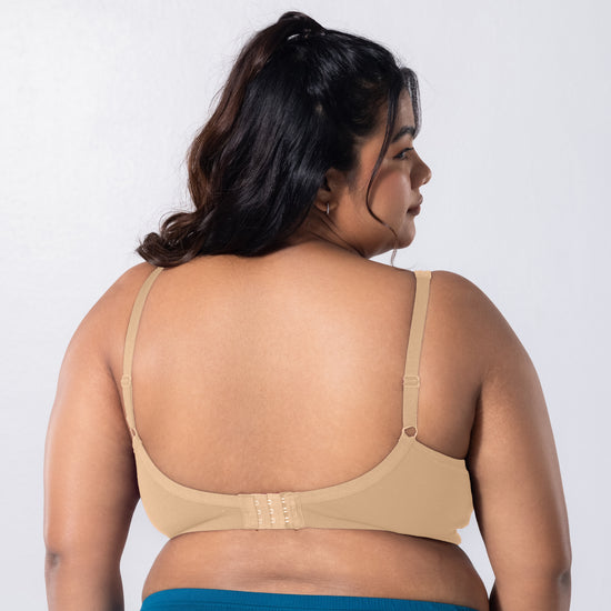 LadyO Jasmine-D Everyday Bra in Skin, back view worn by model.