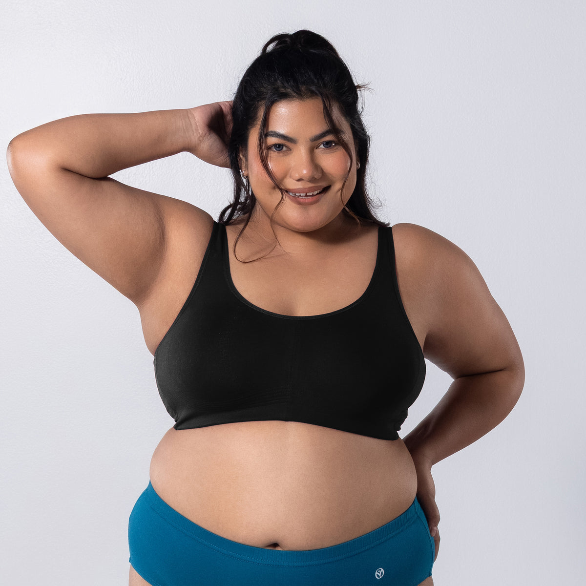 LadyO Jasmine Everyday Bra in Black, front view worn by model.