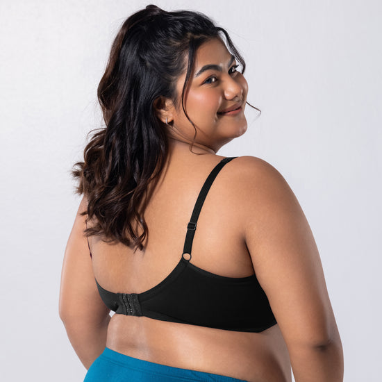 LadyO Jasmine Everyday Bra in Black, three-quarter back view worn by model.