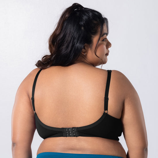 LadyO Jasmine Everyday Bra in Black, back view worn by model.