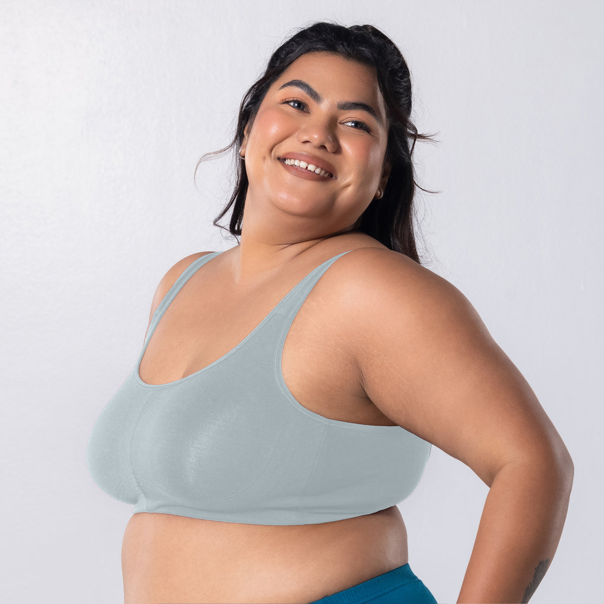 LadyO Jasmine Everyday Bra in Grey, side view worn by model.