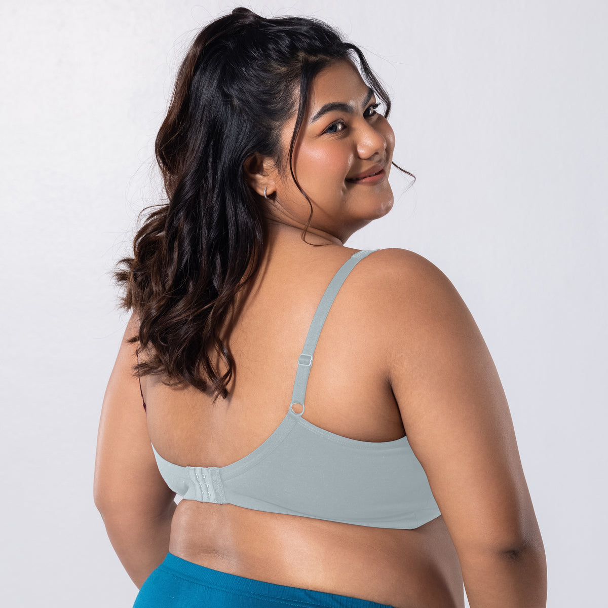 LadyO Jasmine Everyday Bra in Grey, three-quarter back view worn by model.