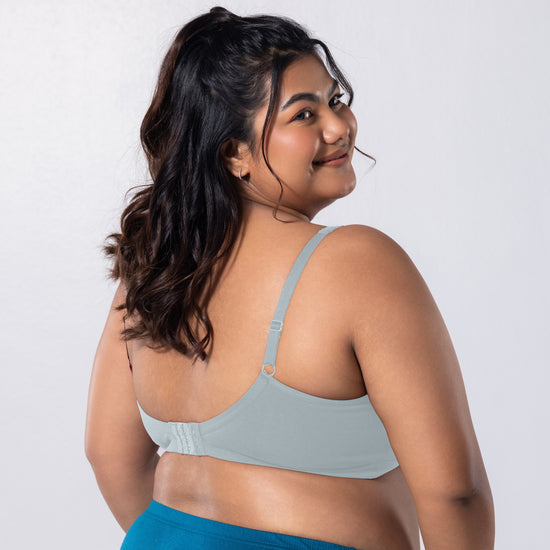 LadyO Jasmine Everyday Bra in Grey, three-quarter back view worn by model.