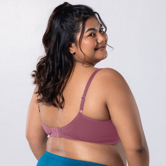 LadyO Jasmine Everyday Bra in Onion, three-quarter back view worn by model.