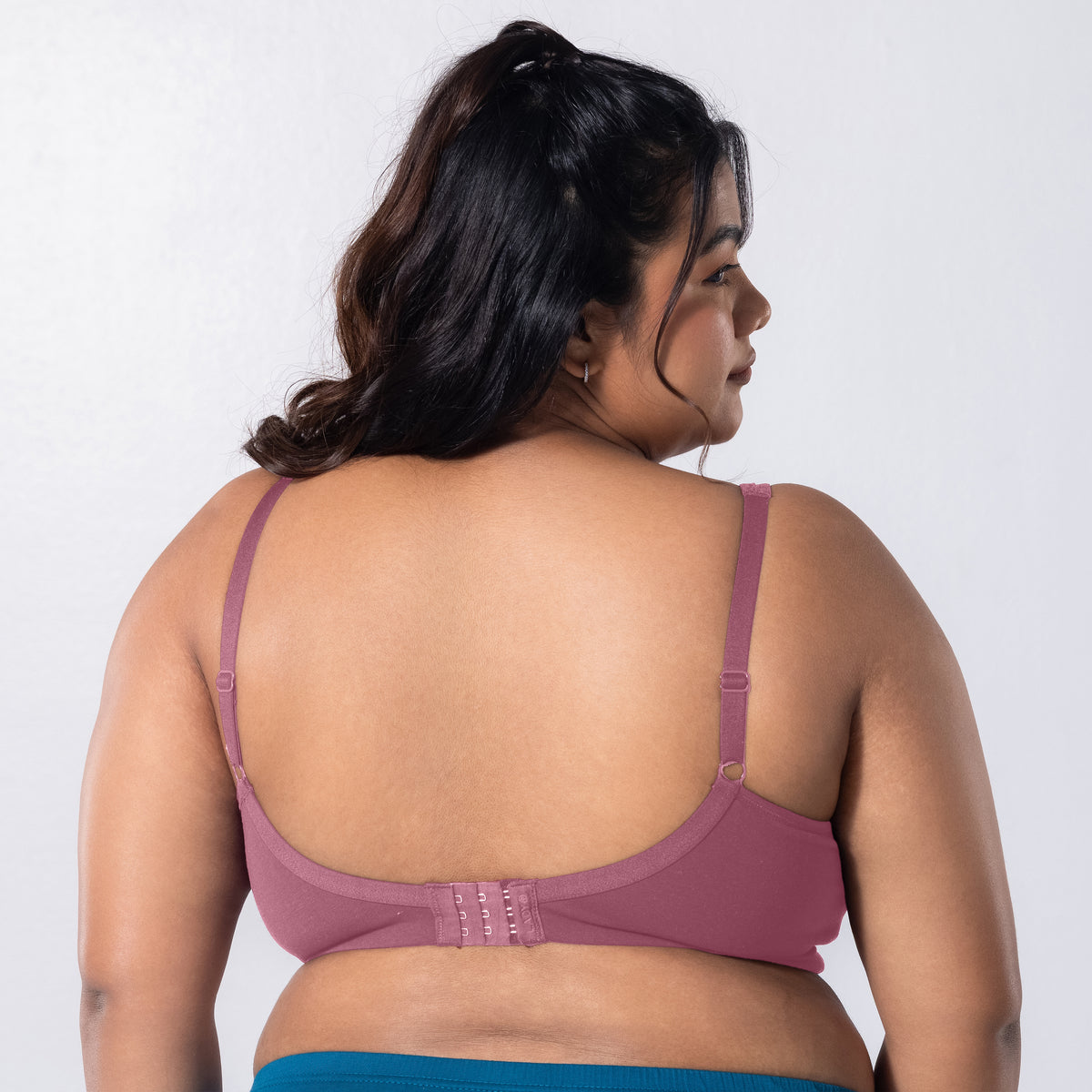 LadyO Jasmine Everyday Bra in Onion, back view worn by model.