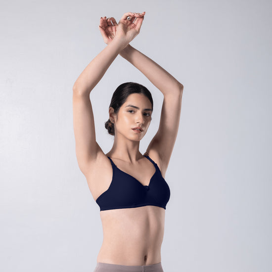 Indigo Full Padded Bra in Navy side front view worn by model.