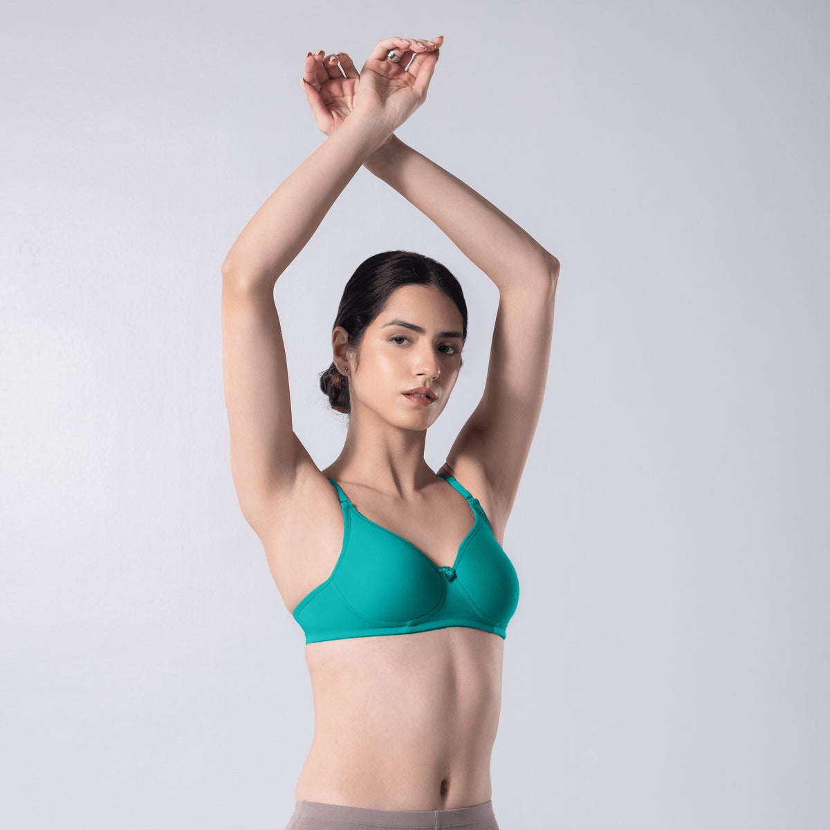 Indigo Full Padded Bra in Pastel Green side front view worn by model.