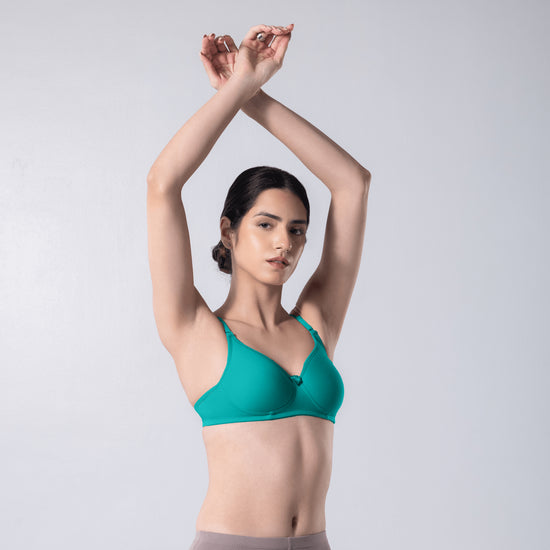 Indigo Full Padded Bra in Pastel Green side front view worn by model.