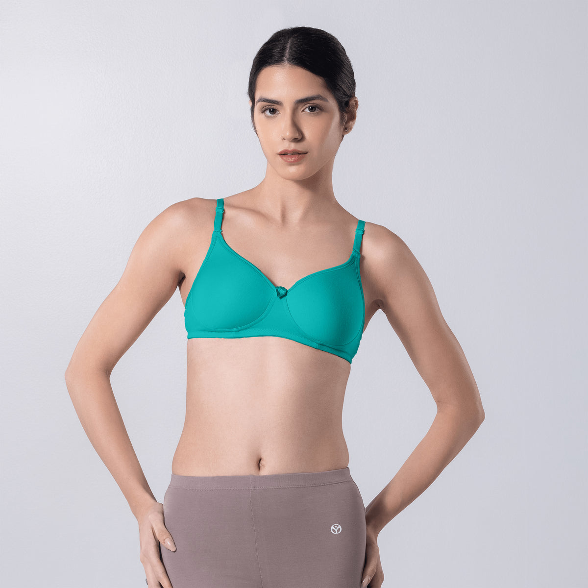 Indigo Full Padded Bra in Pastel Green front view worn by model.