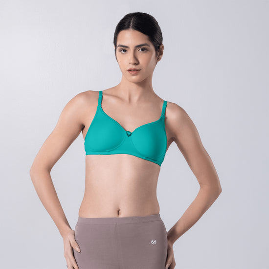 Indigo Full Padded Bra in Pastel Green front view worn by model.