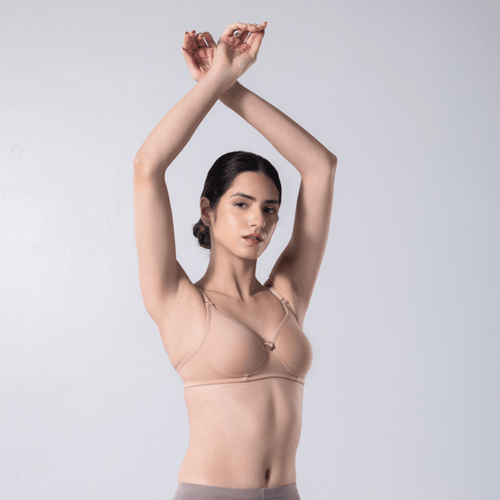 Indigo Full Padded Bra in Skin side front  view worn by model.