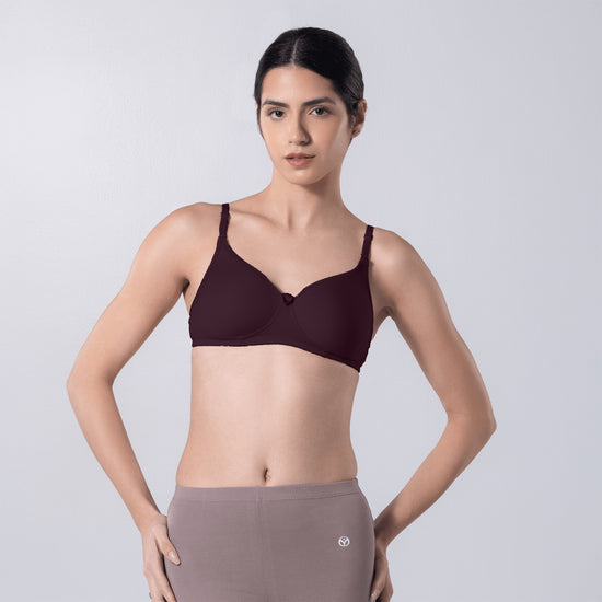 Indigo Full Padded Bra in Wine front view worn by model.