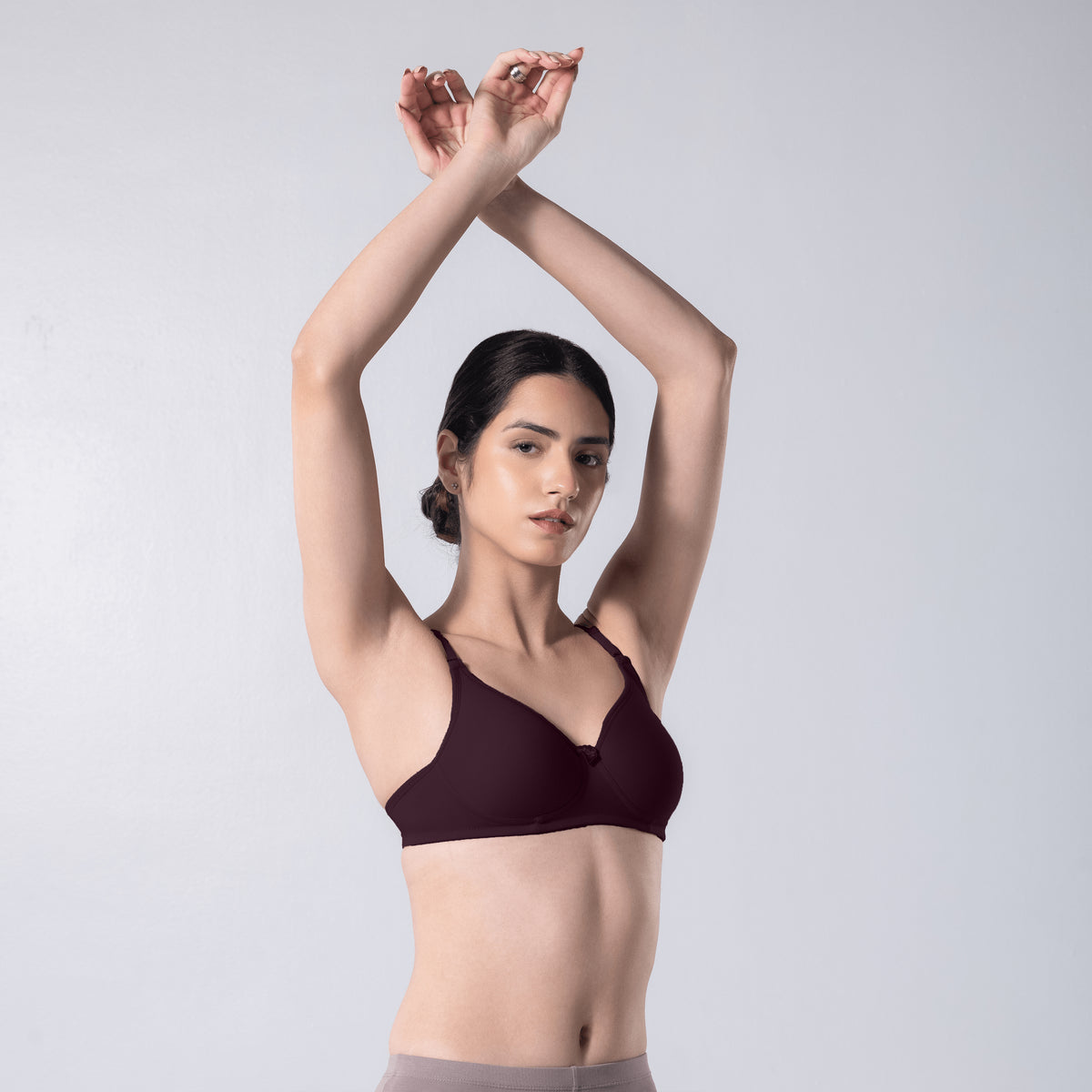 Indigo Full Padded Bra in Wine side front view worn by model.