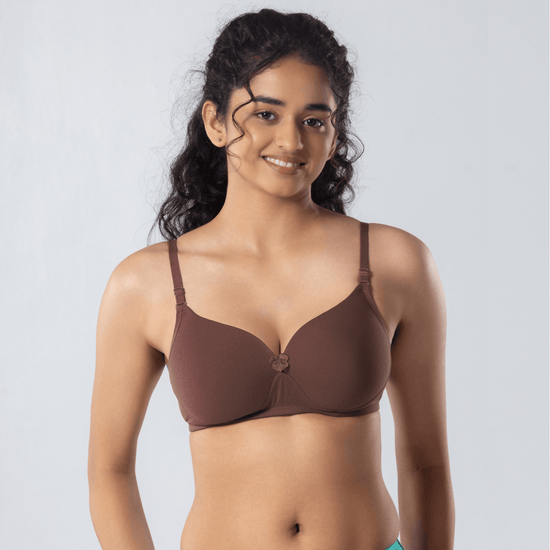 LadyO Dove Light-Padded Bra in Cadbury, front view worn by model.
