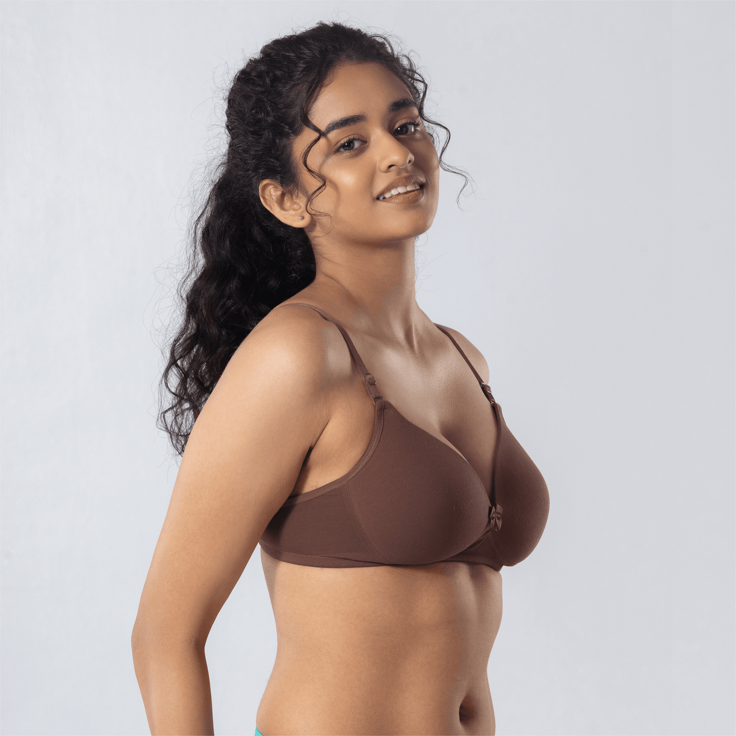 LadyO Dove Light-Padded Bra in Cadbury, side view worn by model.