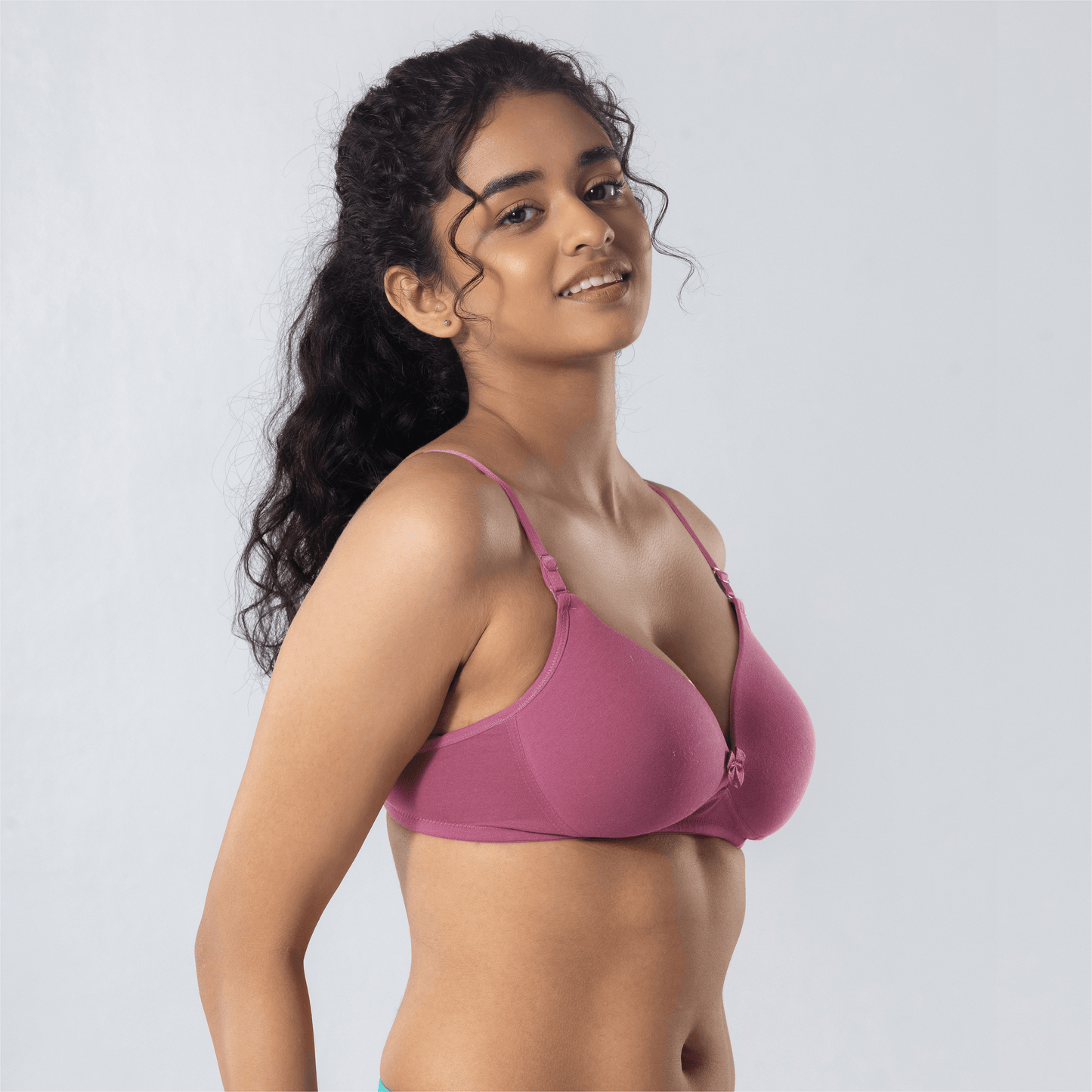 LadyO Dove Light-Padded Bra in Pink, side view worn by model.