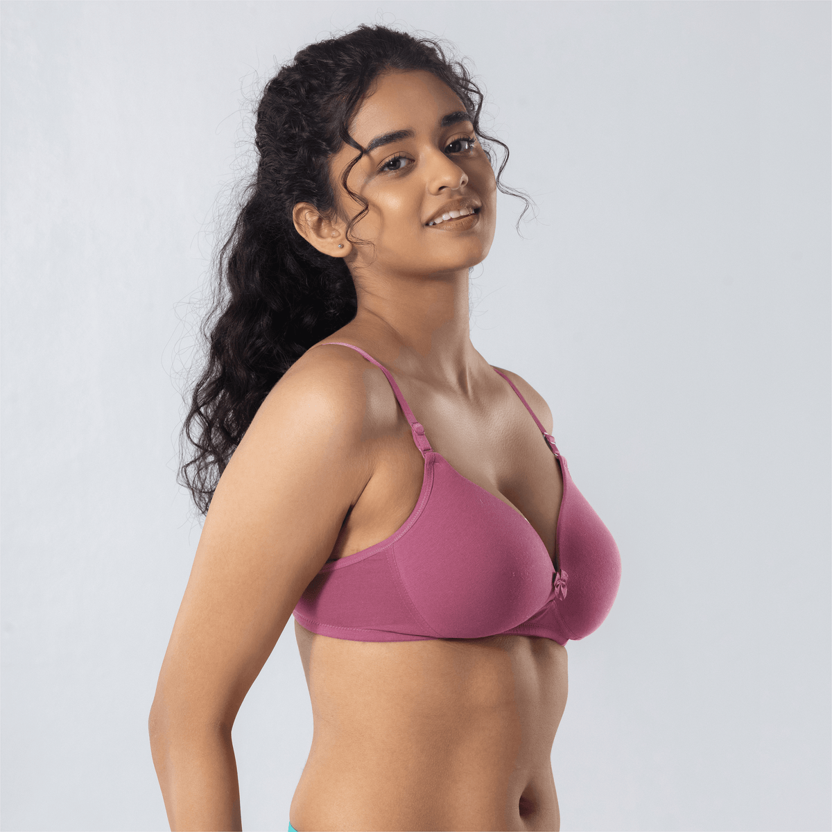 LadyO Dove Light-Padded Bra in Pink, side view worn by model.