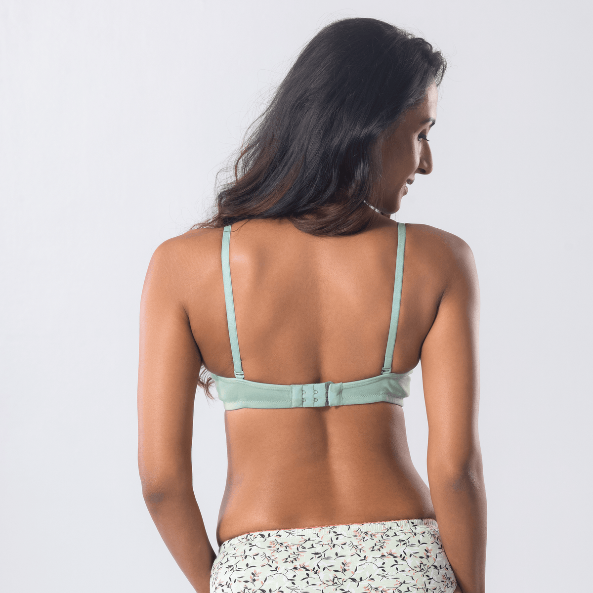Melody T-Shirt Bra in Aqua Green, U-back view worn by model.