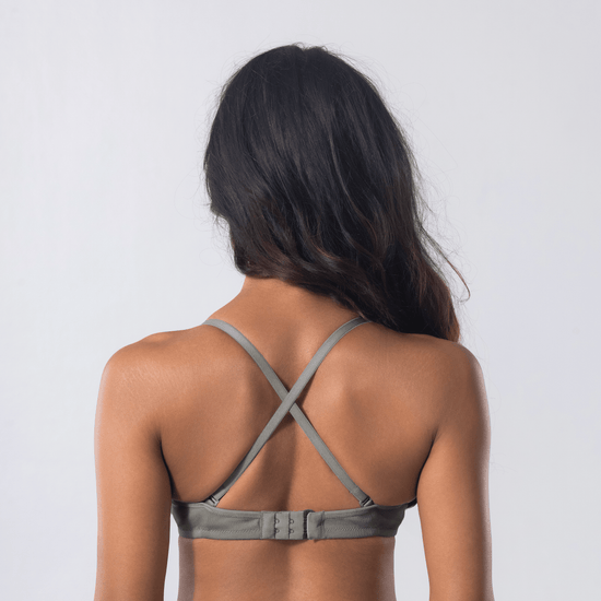 Melody T-Shirt Bra in grey, X-back view worn by model.