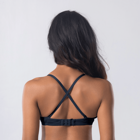 Melody T-Shirt Bra in Navy, X-back view worn by model.