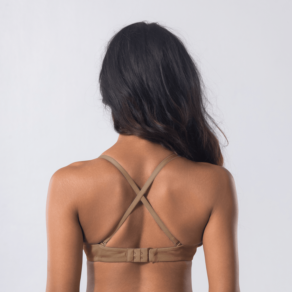 Melody T-Shirt Bra in Skin, X-back view worn by model.