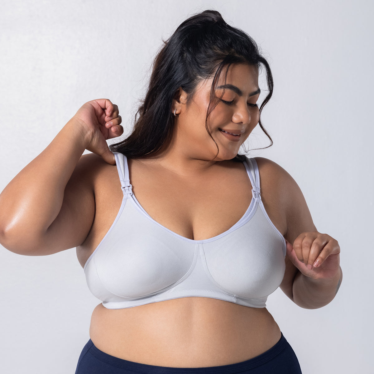 LadyO Comfy-C Nursing Bra in Grey, front view worn by model.