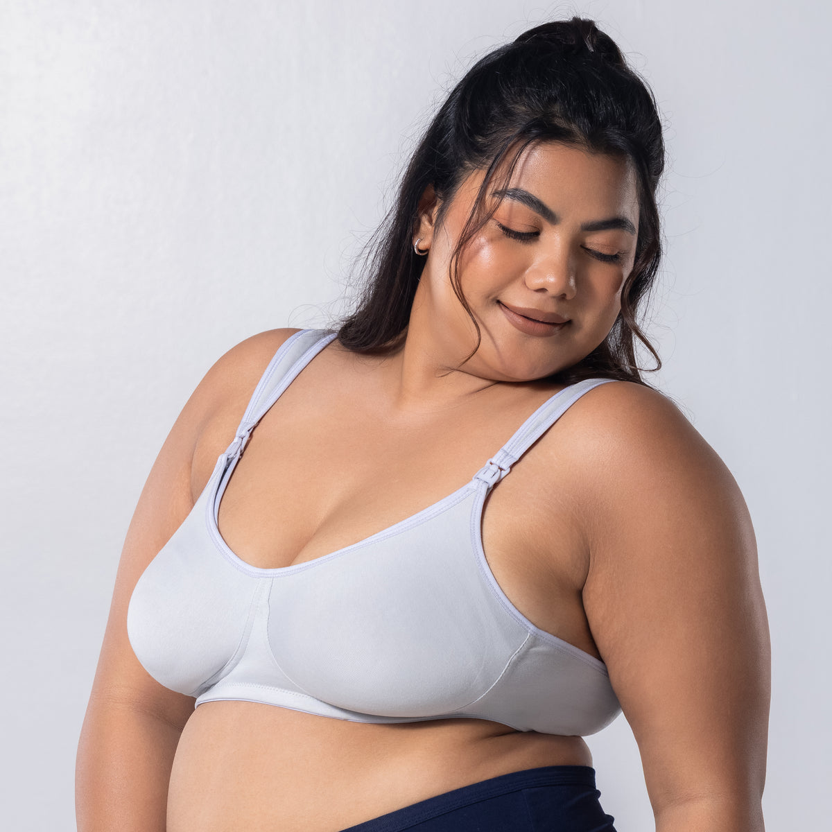 LadyO Comfy-C Nursing Bra in Grey, three-quarter front view worn by model.