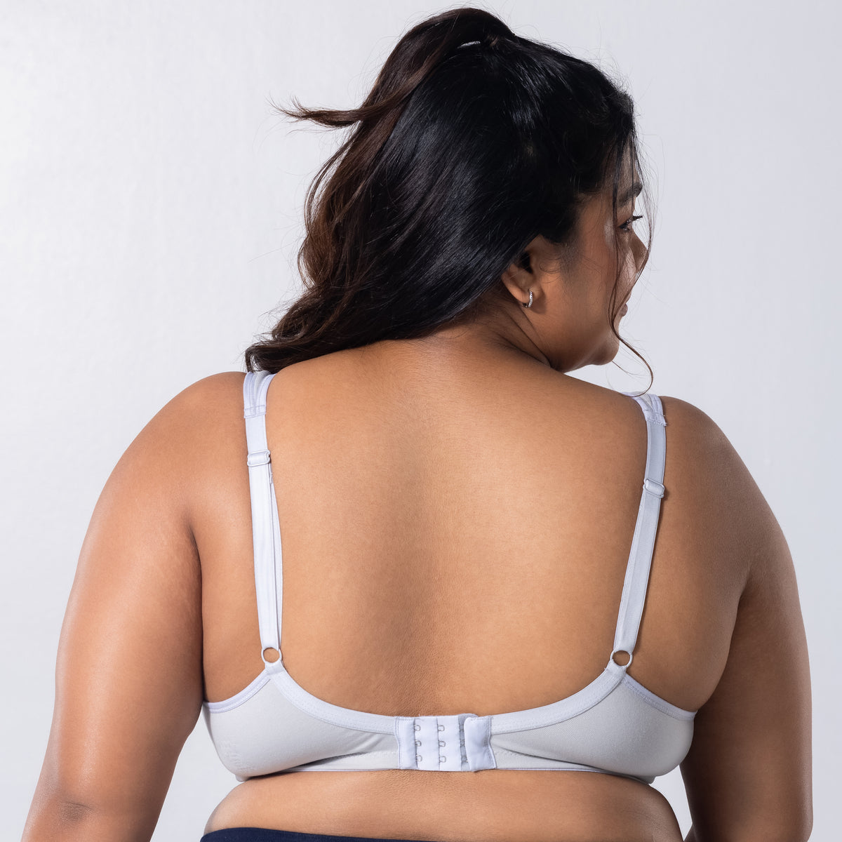 LadyO Comfy-C Nursing Bra in Grey, back view worn by model.