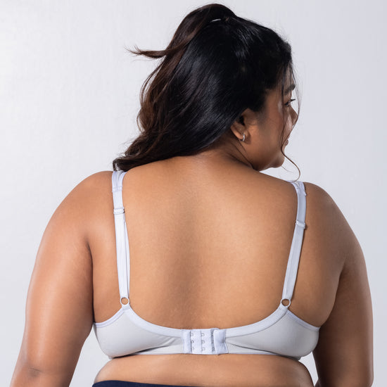 LadyO Comfy-C Nursing Bra in Grey, back view worn by model.