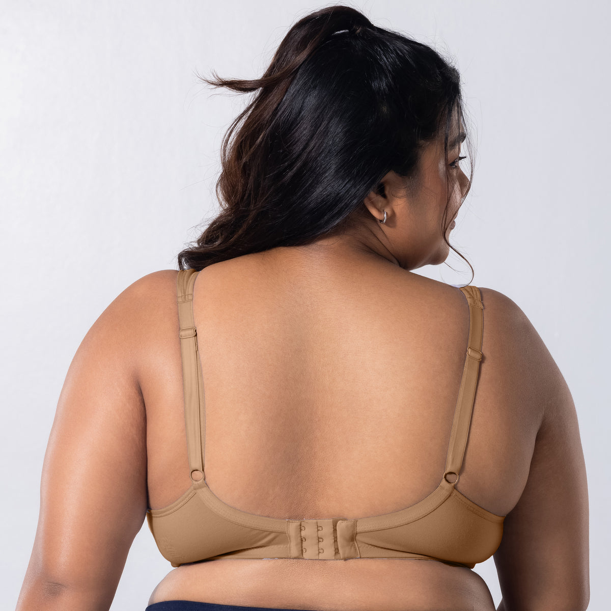 LadyO Comfy-C Nursing Bra in Skin, back view worn by model.