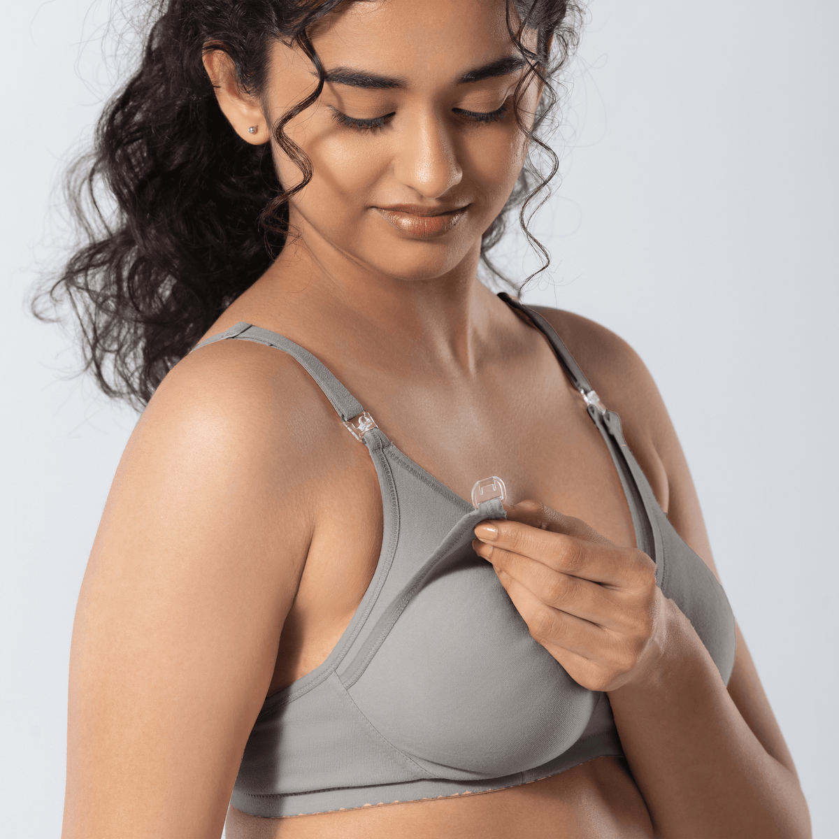 Dear-C Nursing Bra in Grey, nursing detail view worn by model