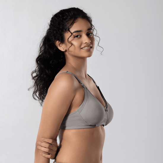 Dear-C Nursing Bra in Grey, right side-front view worn by model