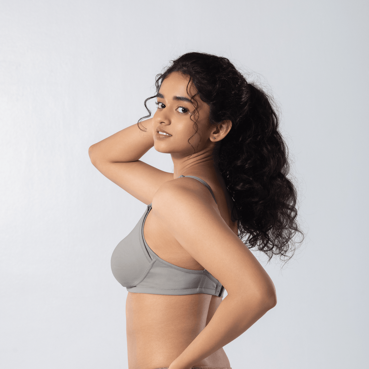 Dear-C Nursing Bra in Grey, left side-front view worn by model