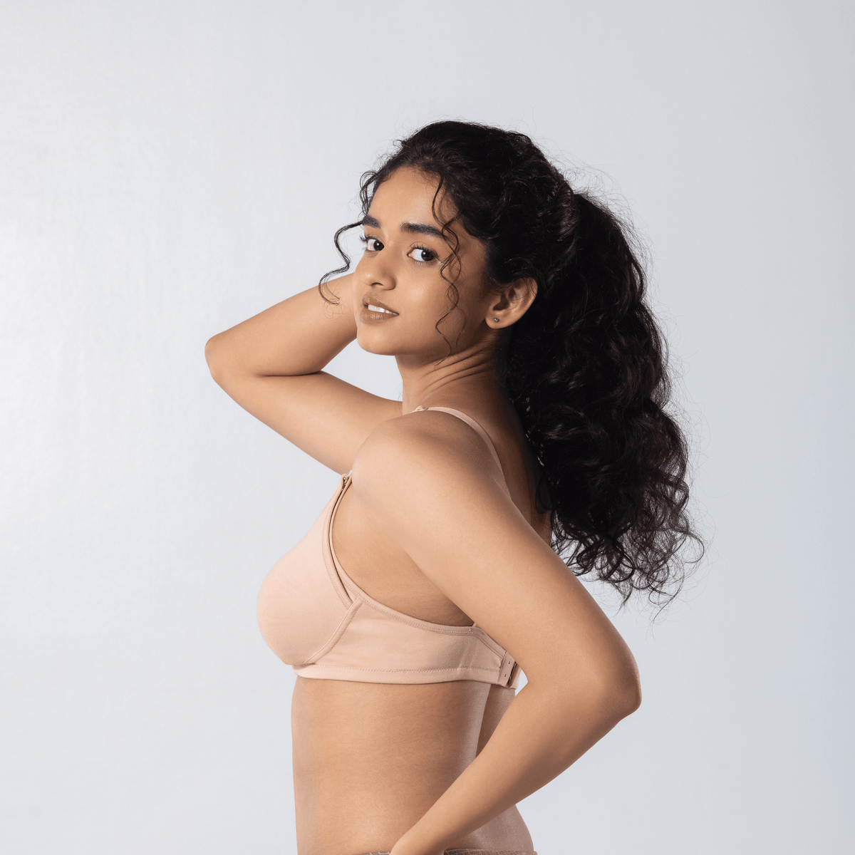 Dear-C Nursing Bra in Skin, left side-front view worn by model