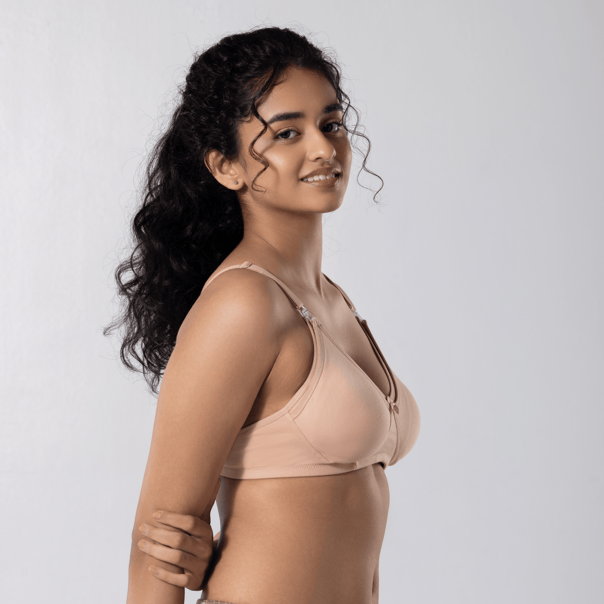 Dear-C Nursing Bra in Skin, right side-front view worn by model
