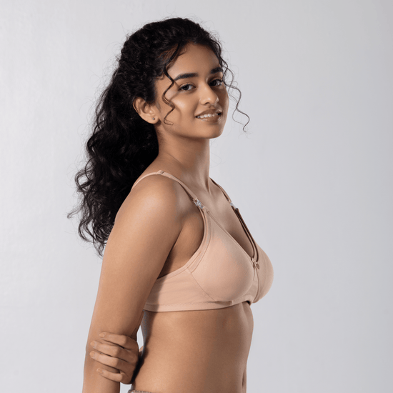 Dear-C Nursing Bra in Skin, right side-front view worn by model
