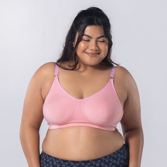 Mum Care-C Nursing Bra in Pink, front view worn by model.