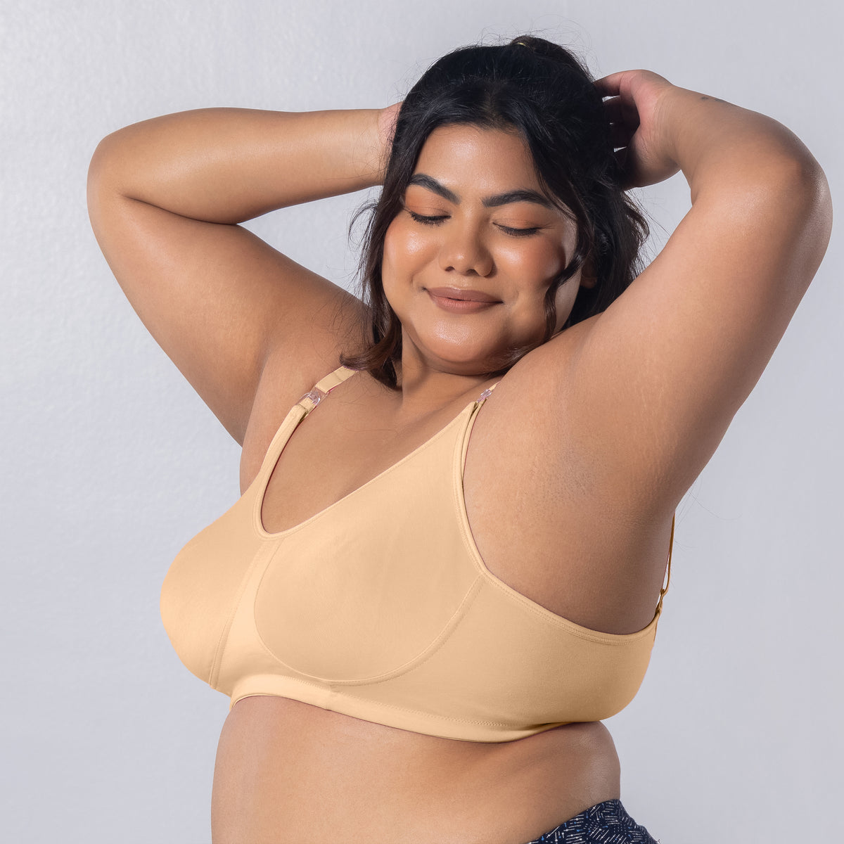 Mum Care-C Nursing Bra in Skin, side view worn by model.