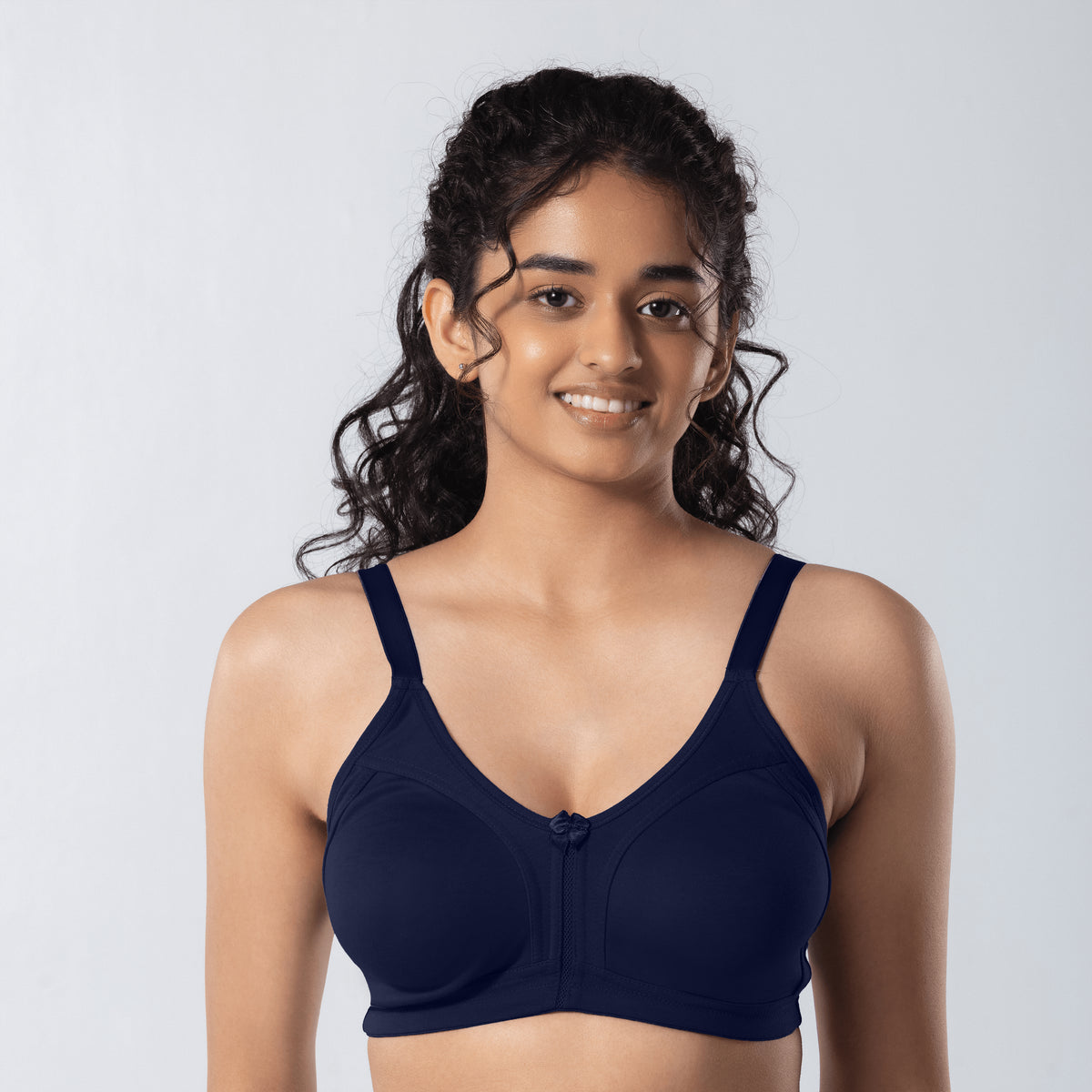 LadyO Clara Plus Size Bra in Navy, front view worn by model.