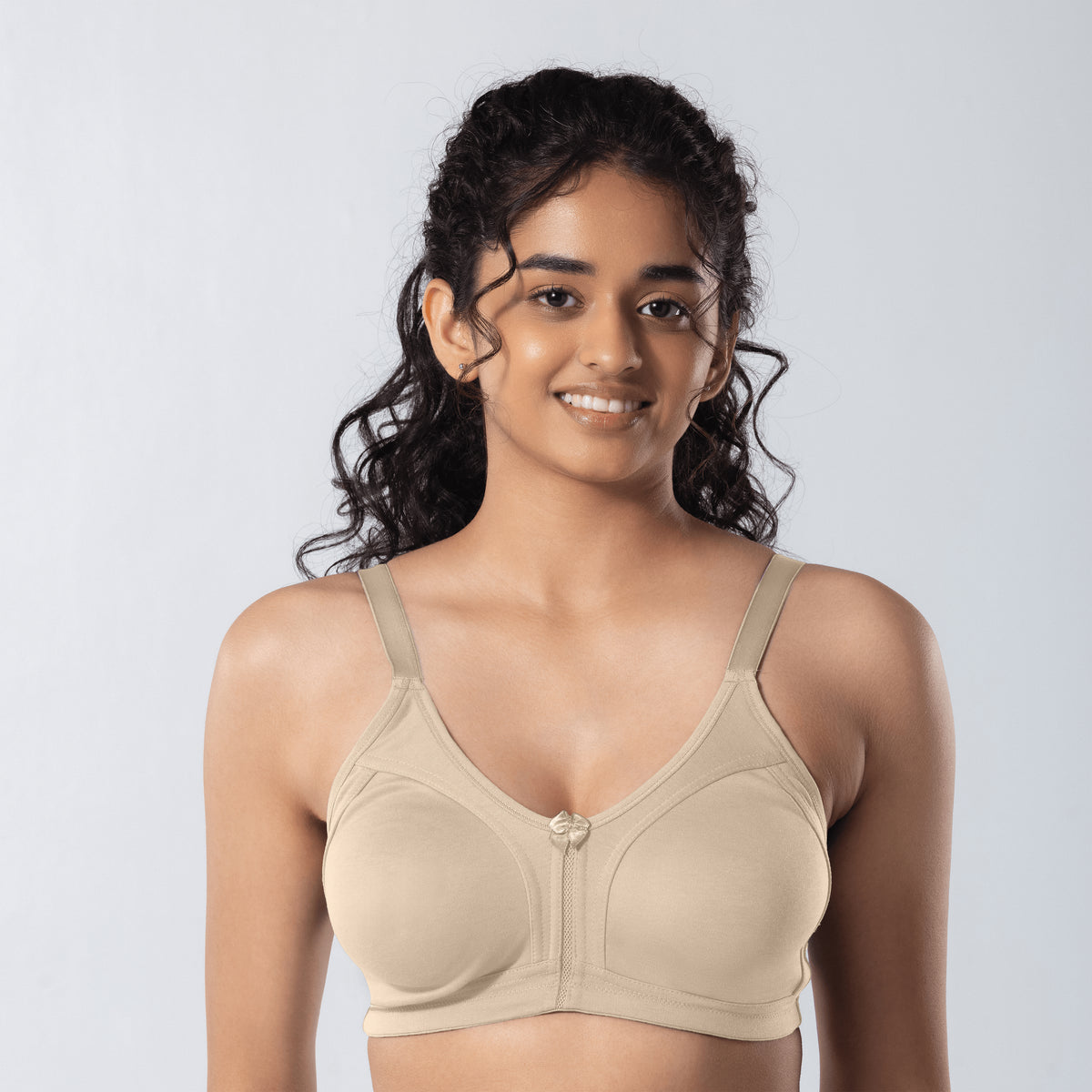 LadyO Clara Plus Size Bra in Chiku, front view worn by model.