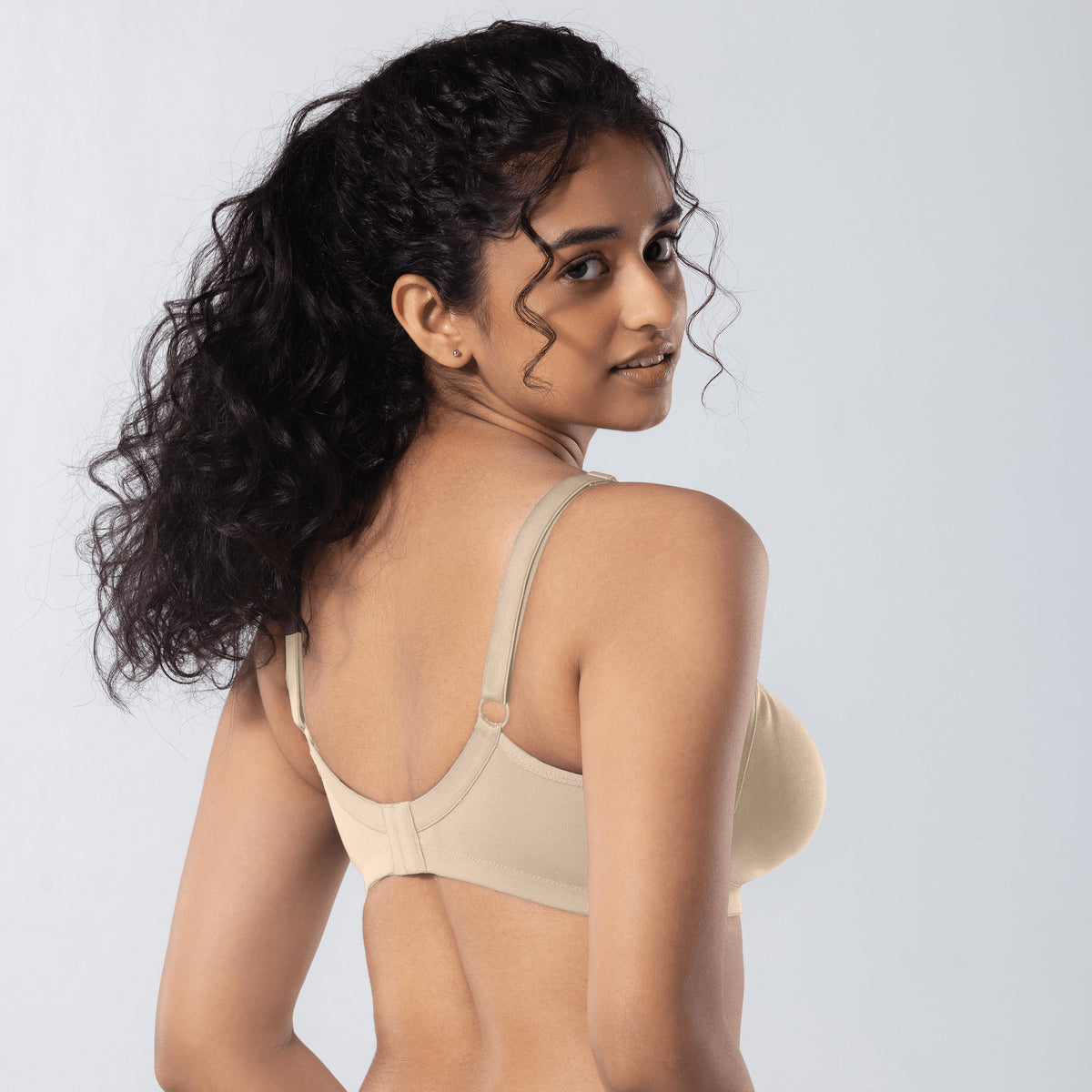 LadyO Clara Plus Size Bra in Chiku, side view worn by model.
